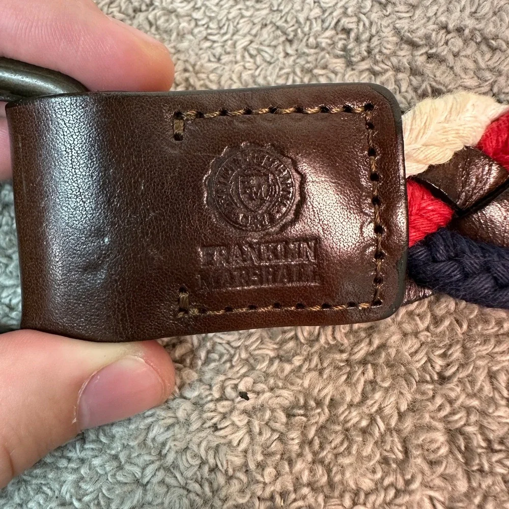 Franklin Marshall Braided Leather Textile Belt Brown Red Navy White D-Ring 40in